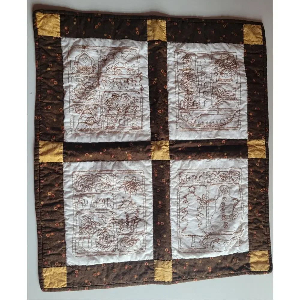 Embroidered Four Seasons Quilted Wall Hanging Handmade Winter Fall